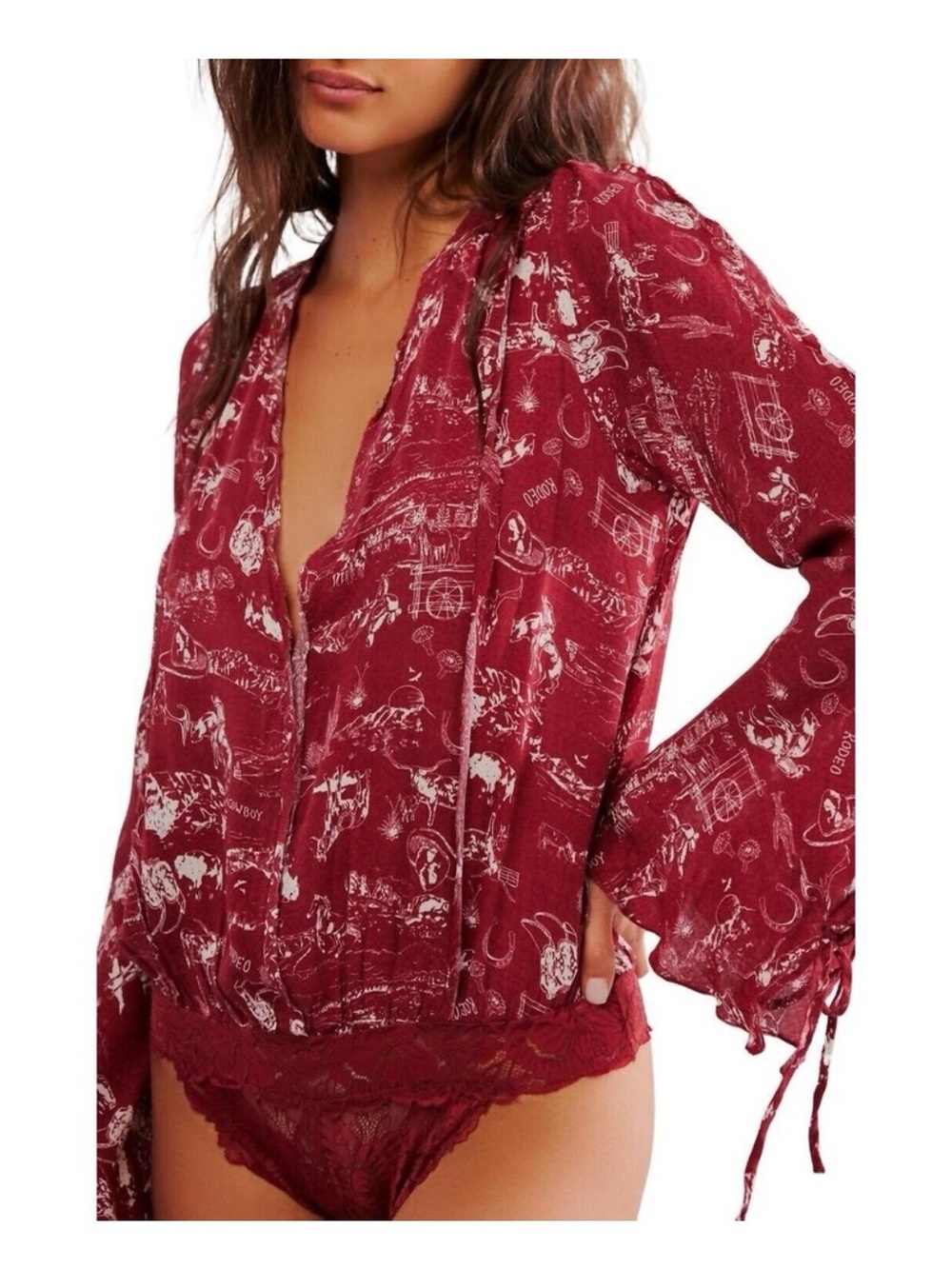Free People Everything's Rosy Bodysuit Rodeo Red Western Print Cowgirl